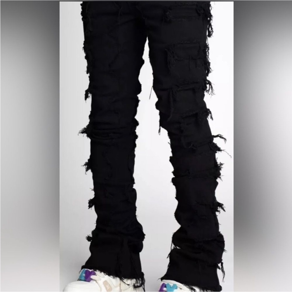 Guapi Stacked Distressed Fringed Skinny Denim Jeans Black Men 30X45 Grunge Punk